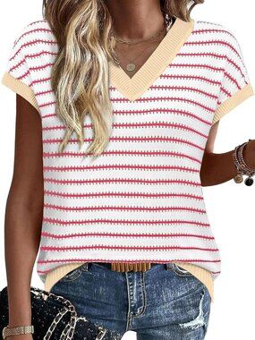 👑 Women’s white Pink Beige Striped V-Neck Crochet Sweater Vest Summer